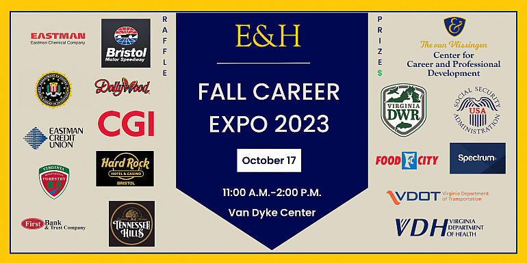 E&H Fall Career Expo 2023 taking place on October 17 from 11:00 A.M. to 2:00 P.M. in the Van Dyke Center.