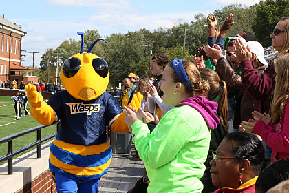 Stinger mascot and the student crowd at the football game.