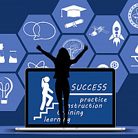 Illustration of an individual in silhouette standing on a large laptop with various academic icons