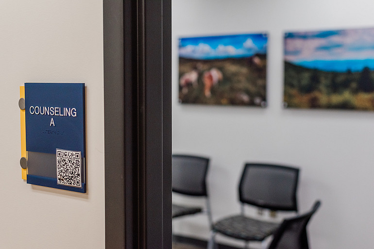 A group counseling room located in the Clinical Mental Health Counseling lab.