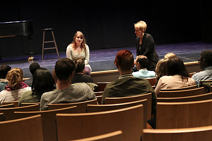 Performing artist Liz Callaway, works with student McKinley Hughes '16, during a master class held for the musical theatre students.