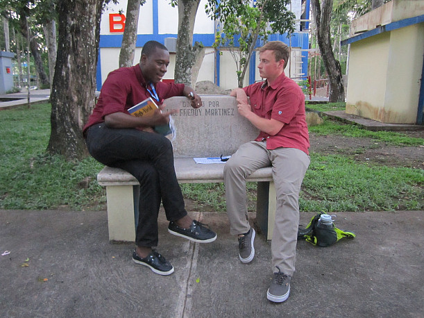 Max interviewing a Haitian student at a university in San Francisco de Macoris.