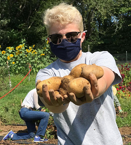 Student shows off potatoes planted in the garden.