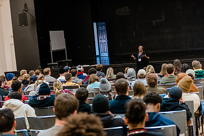 Rev. Sharon Powers leads a group of students during a breakout session.