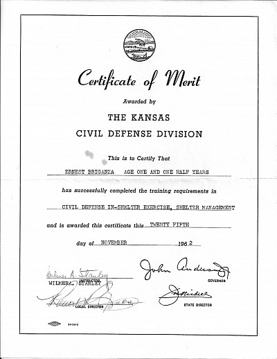 This is a copy of Ernie's certificate to prove that he had completed his safety drill during the Cuban Missile Crisis.