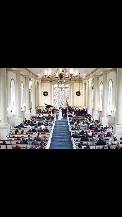 A full view of the Memorial Chapel Christmas time wedding.