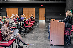 Black Box Theatre set for a lecture-style event.