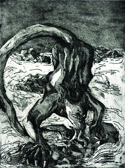 An Ahuizhotl Approaches, ﻿aquatint with etching