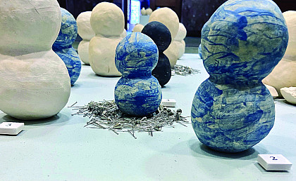 Blue 1, White 1, Blue 2 (detail), ceramic and pins
