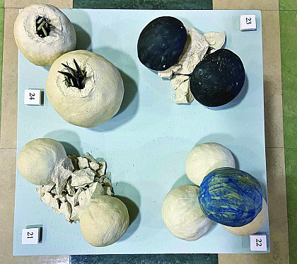 Broken Sphere 1, Sphere Group, Broken Sphere 2, Natural 9 (detail), ceramic and pins