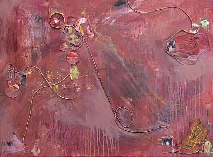 Shay Reynolds, Seductress, March 2020, 30” x 40, acrylic, graphite, paper, glass, twine, and pen on canvas