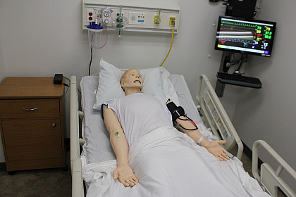 Here you see one of our High-Fidelity Patient Manikins (Sim Man 3G).  Each room is equipped with functioning suction and gas (e.g., oxyge...