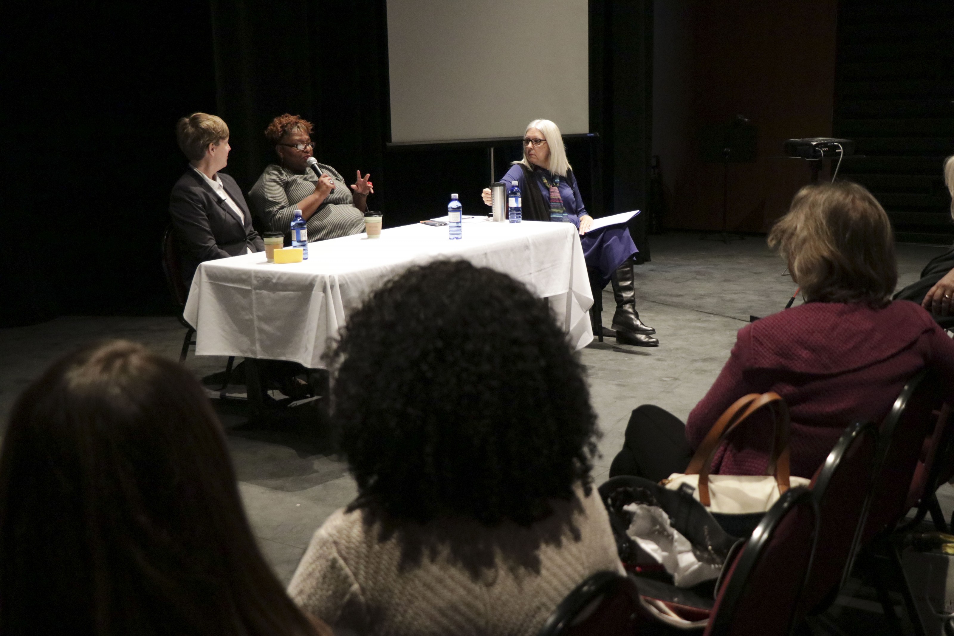 Dr. Kathleen Chamberlain leads a discussion with Melanie McNair and Crystal Wilkinson