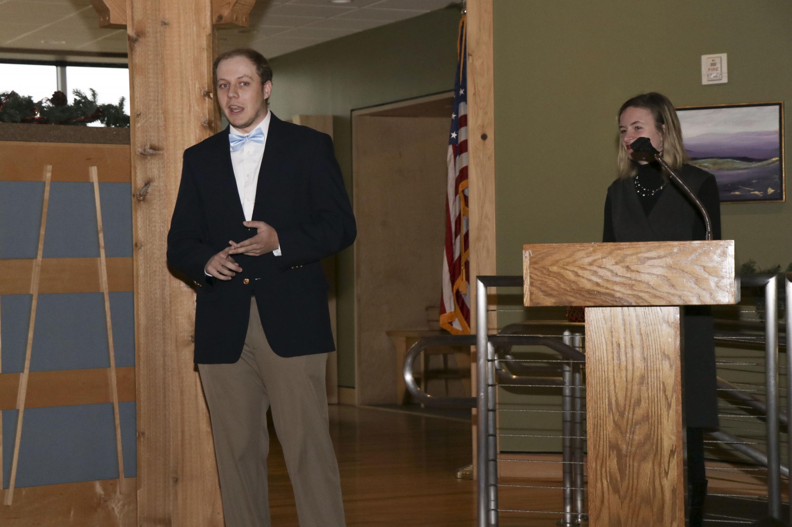 Students (L to R) Matthew Largen and Hannah Long present their video project on the town of Damascus.