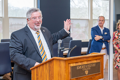 22nd President of Emory & Henry College John W. Wells addresses the crowd of current business students, board of trustee members,...