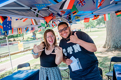 These two students celebrate International Education and cultures of the world at the Global Street Party held annually on campus.
