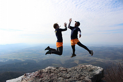 Jess Myer and Jake Caudill, trip leaders for the Outdoor Program, having fun on top of Raven's Rock.