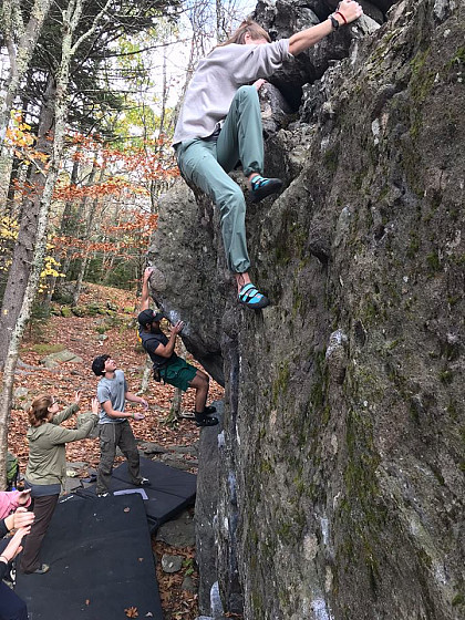 Layne Hubble, a trip leader for the Outdoor Program, boulders in Grayson Highlands.