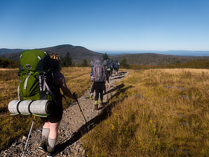 Outdoor Program members hiking in the Grayson Highlands.