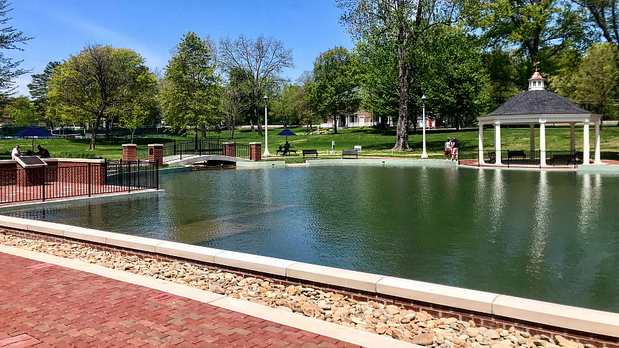 View of the newly renovated duck pond on campus.