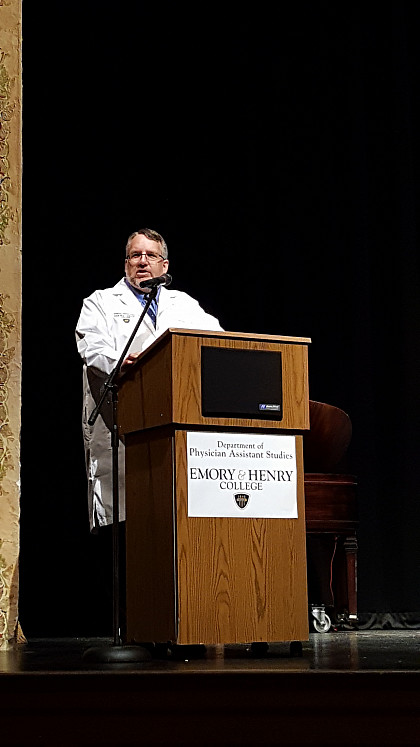 Dr. Scott Richards, Chair/Director of the MPAS Program, addresses the audience at the inaugural White Coat Ceremony for the MPAS Program ...